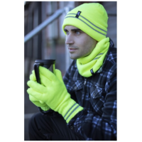 A man wearing high-visibility hat and gloves from HeatHolders, the leading thermal hat supplier.