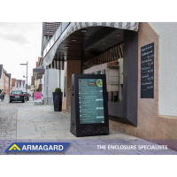 Señalización digital exterior portátil en uso fuera de una cafetería.